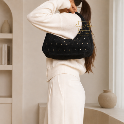 Soft Genuine Suede Shoulder Bag with Gold Stud Detail