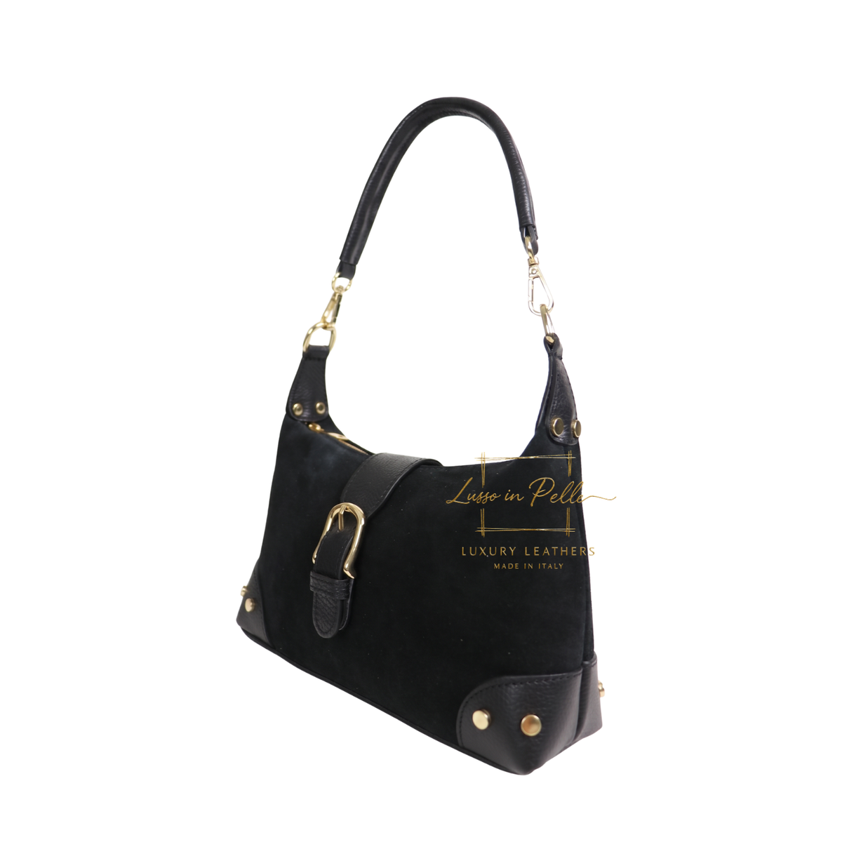 Genuine Suede & Leather Shoulder Bag with Buckle Detail