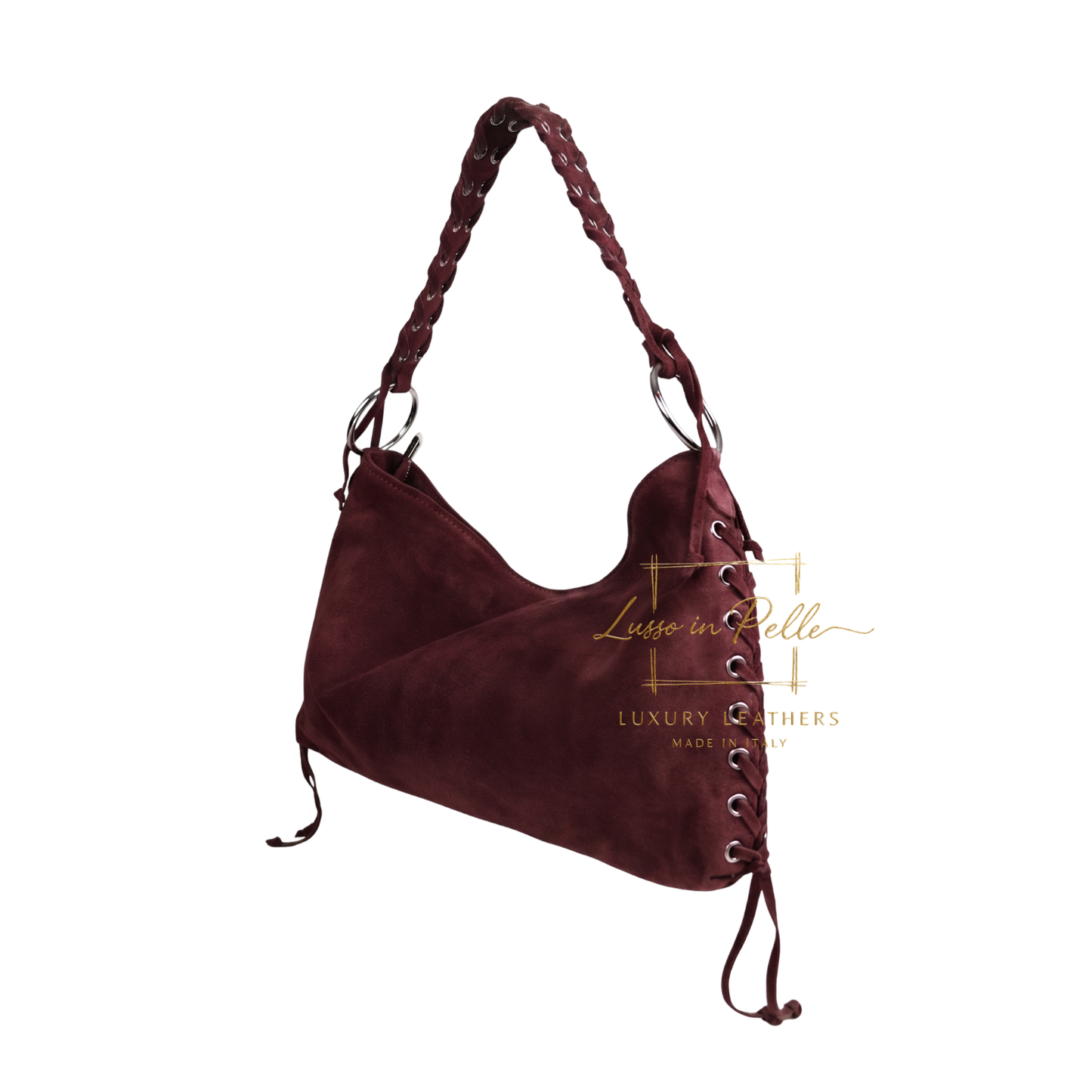 Genuine Suede Shoulder Bag with Lace-Up Detail