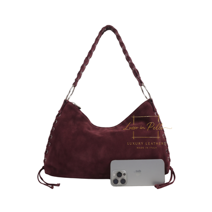 Genuine Suede Shoulder Bag with Lace-Up Detail