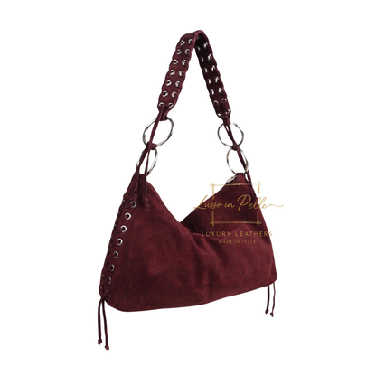 Genuine Suede Shoulder Bag with Lace-Up Detail