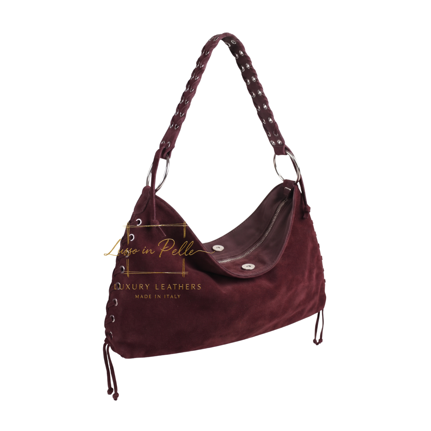 Genuine Suede Shoulder Bag with Lace-Up Detail