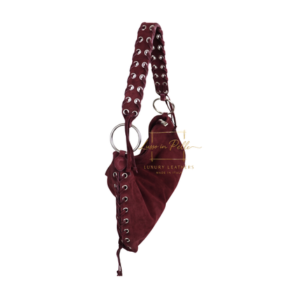 Genuine Suede Shoulder Bag with Lace-Up Detail