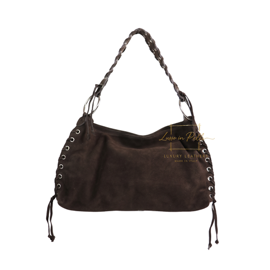 Genuine Suede Shoulder Bag with Lace-Up Detail