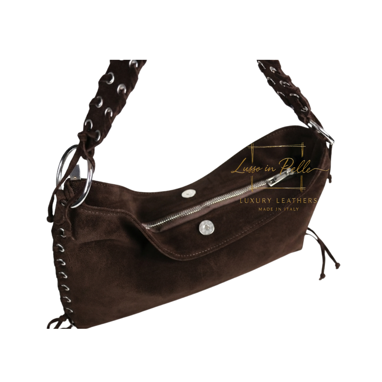 Genuine Suede Shoulder Bag with Lace-Up Detail
