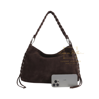 Genuine Suede Shoulder Bag with Lace-Up Detail