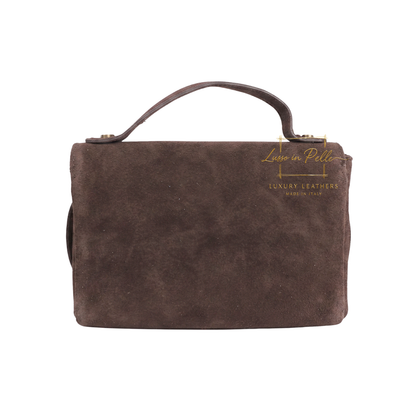 Genuine Suede Mini Top Handle Bag with Bamboo Twist Lock & Chain Strap