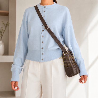 Italian Genuine Leather Multi Compartment Crossbody Bag with Front Zip Pocket