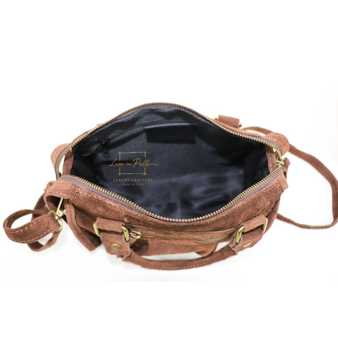Small Suede Top Handle Crossbody Bag – Soft Genuine Leather Handbag with Detachable Strap
