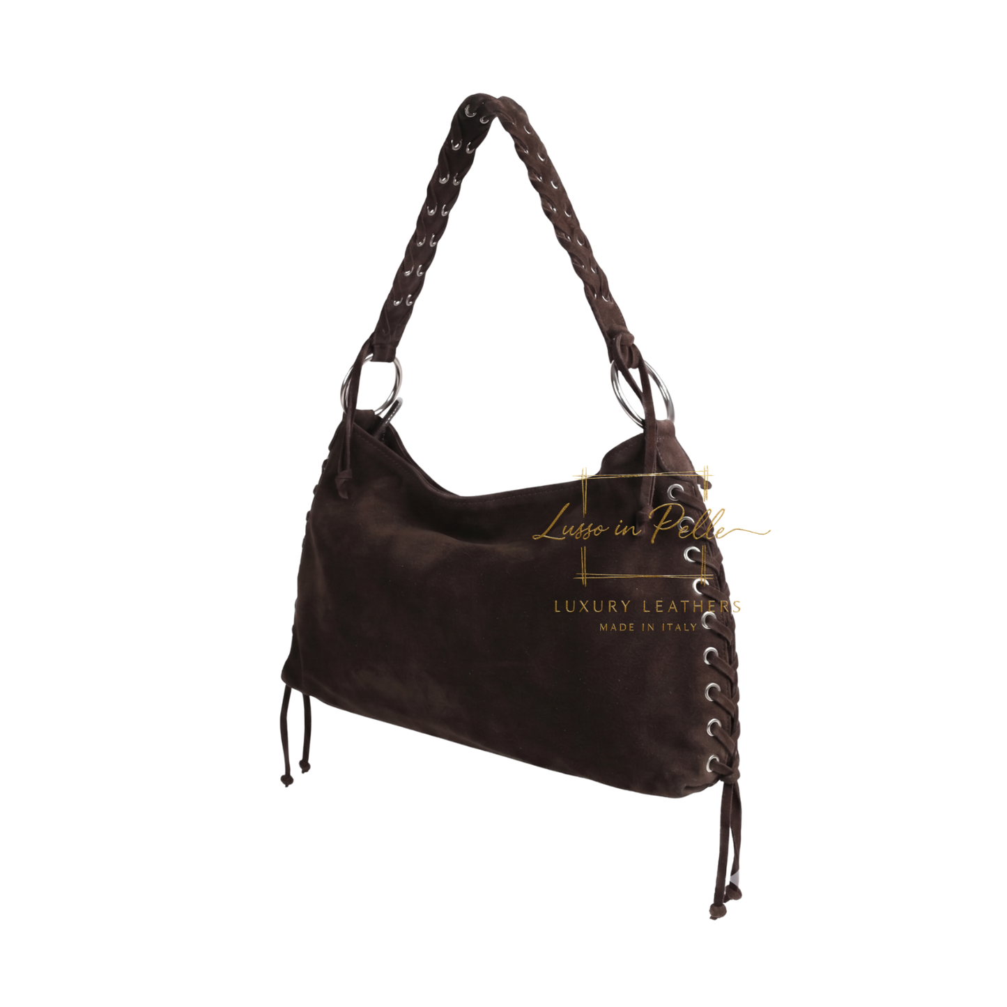 Genuine Suede Shoulder Bag with Lace-Up Detail