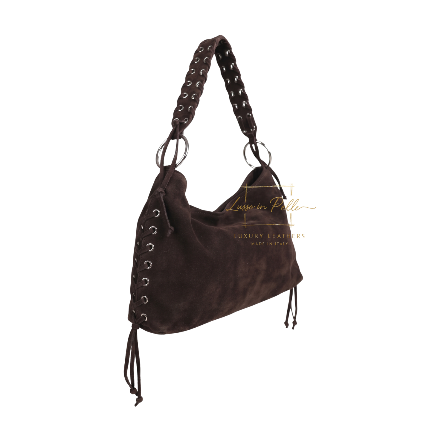 Genuine Suede Shoulder Bag with Lace-Up Detail