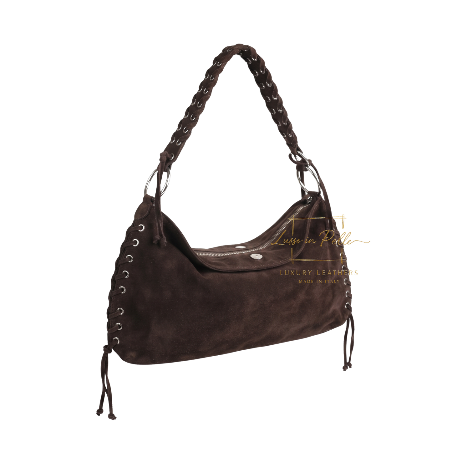 Genuine Suede Shoulder Bag with Lace-Up Detail