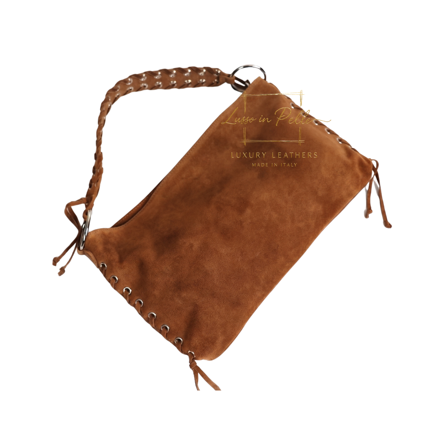 Genuine Suede Shoulder Bag with Lace-Up Detail