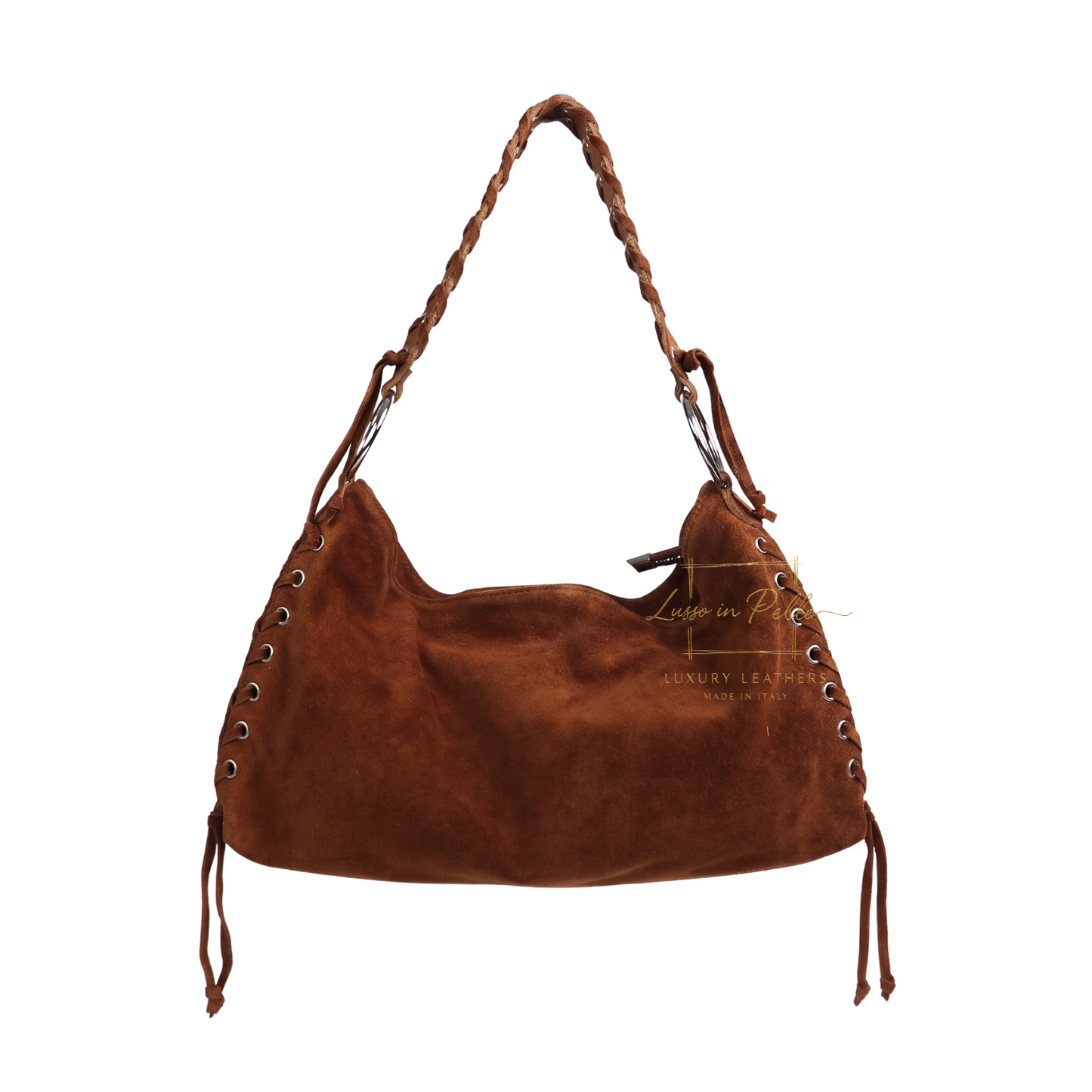 Genuine Suede Shoulder Bag with Lace-Up Detail