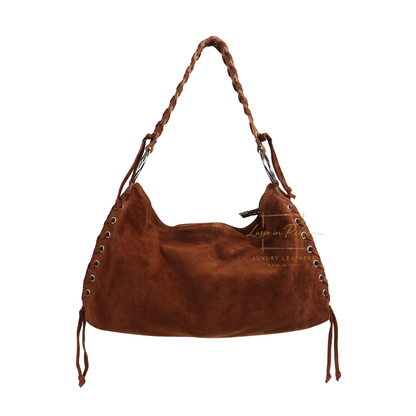 Genuine Suede Shoulder Bag with Lace-Up Detail