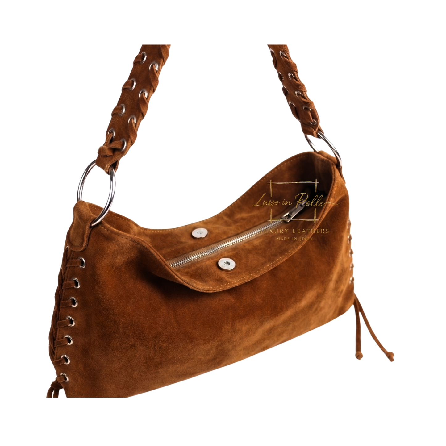 Genuine Suede Shoulder Bag with Lace-Up Detail