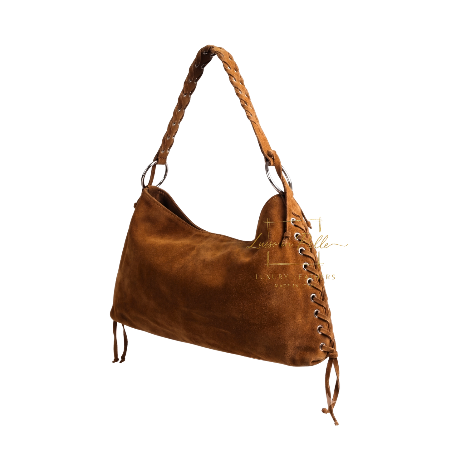 Genuine Suede Shoulder Bag with Lace-Up Detail