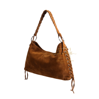 Genuine Suede Shoulder Bag with Lace-Up Detail