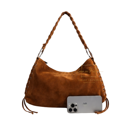 Genuine Suede Shoulder Bag with Lace-Up Detail