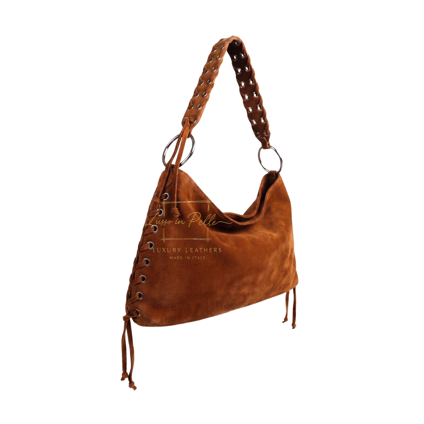 Genuine Suede Shoulder Bag with Lace-Up Detail