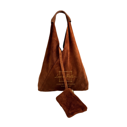 Genuine Suede Hobo Shoulder Bag with Matching Coin Pouch