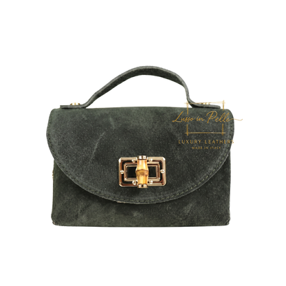 Genuine Suede Mini Top Handle Bag with Bamboo Twist Lock & Chain Strap
