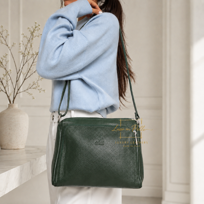Italian Genuine Leather Multi Compartment Crossbody Bag with Front Zip Pocket