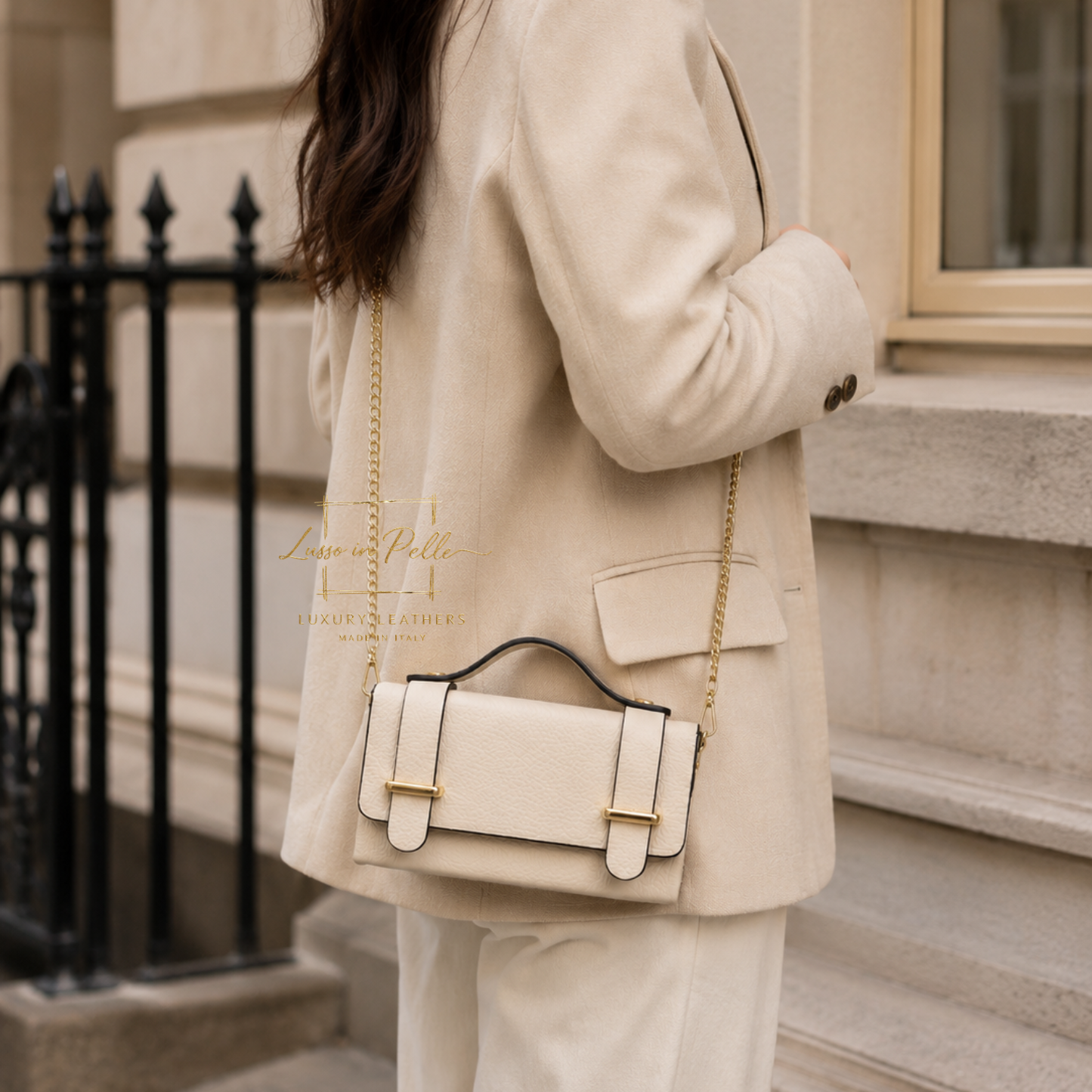 Small Genuine Leather Satchel Bag with Top Handle and Chain Straps