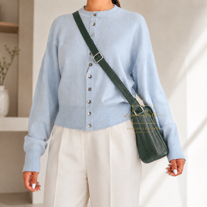 Italian Genuine Leather Multi Compartment Crossbody Bag with Front Zip Pocket
