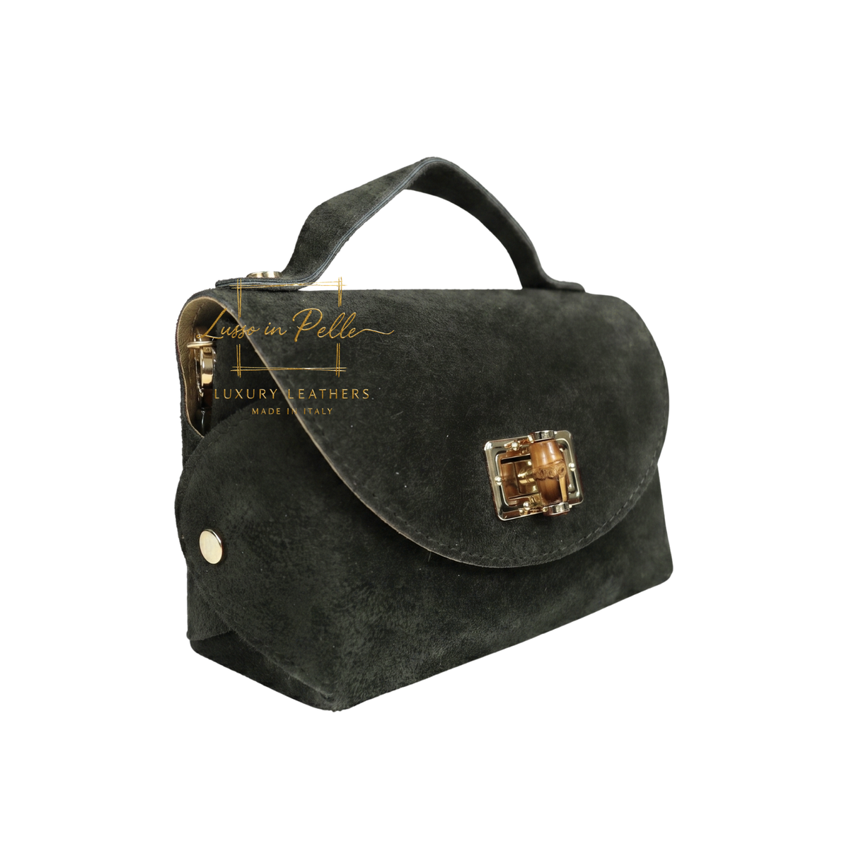 Genuine Suede Mini Top Handle Bag with Bamboo Twist Lock & Chain Strap