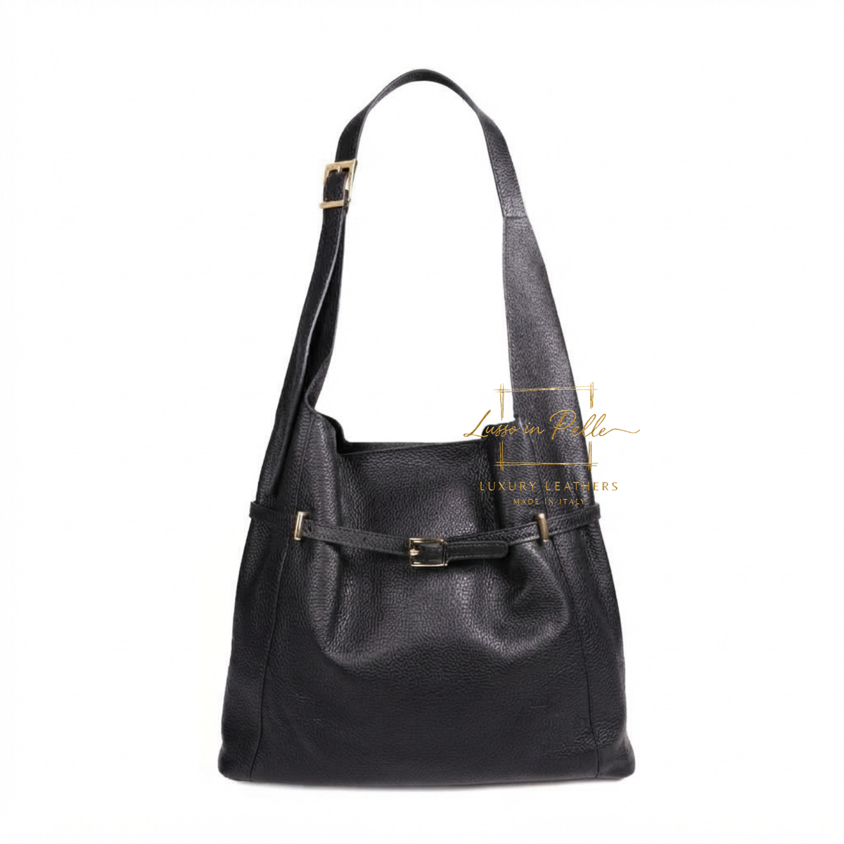 Elegant Genuine Leather Hobo Shoulder Bag with Front Buckle Detail