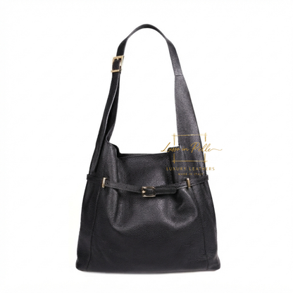Elegant Genuine Leather Hobo Shoulder Bag with Front Buckle Detail
