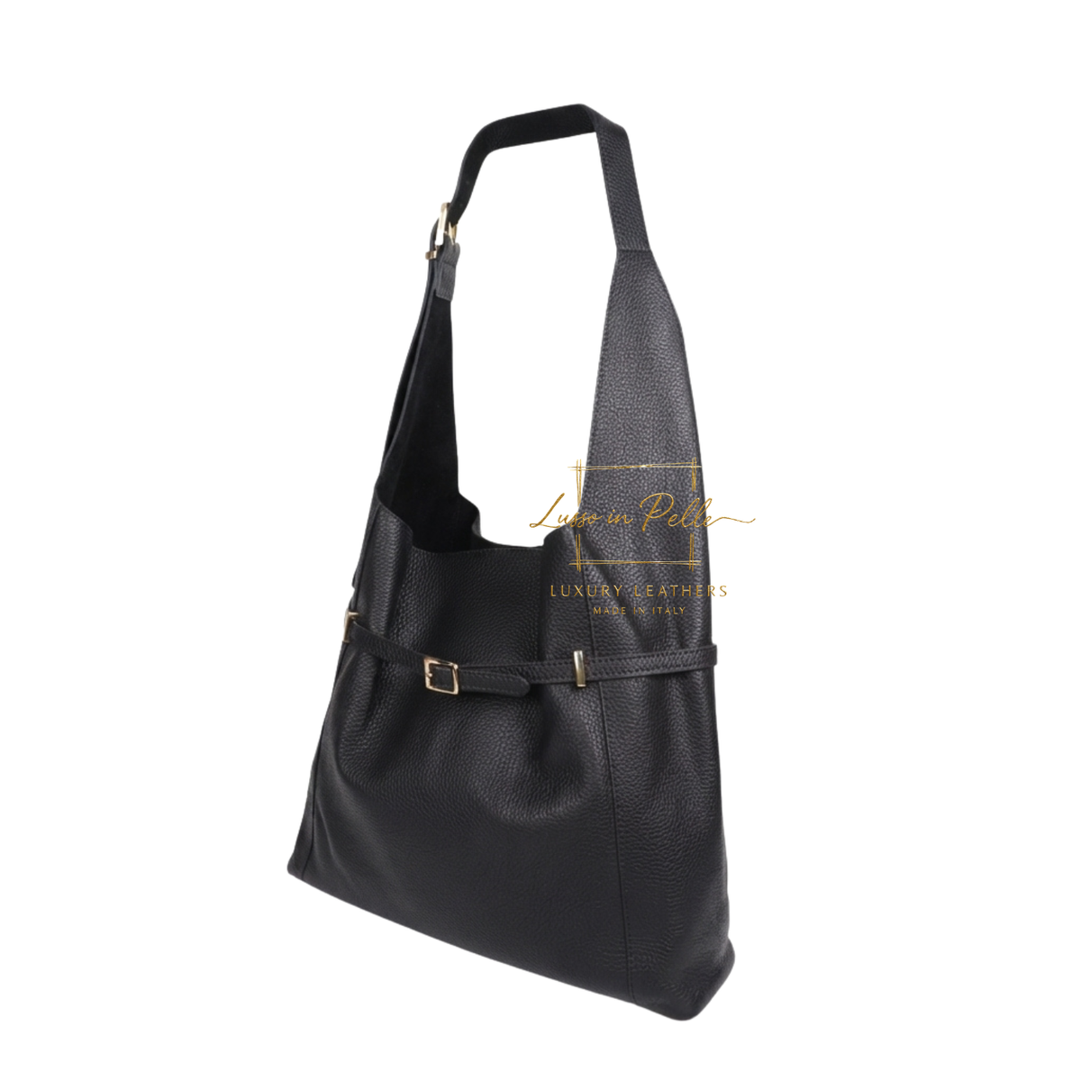 Elegant Genuine Leather Hobo Shoulder Bag with Front Buckle Detail