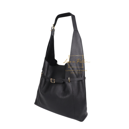Elegant Genuine Leather Hobo Shoulder Bag with Front Buckle Detail