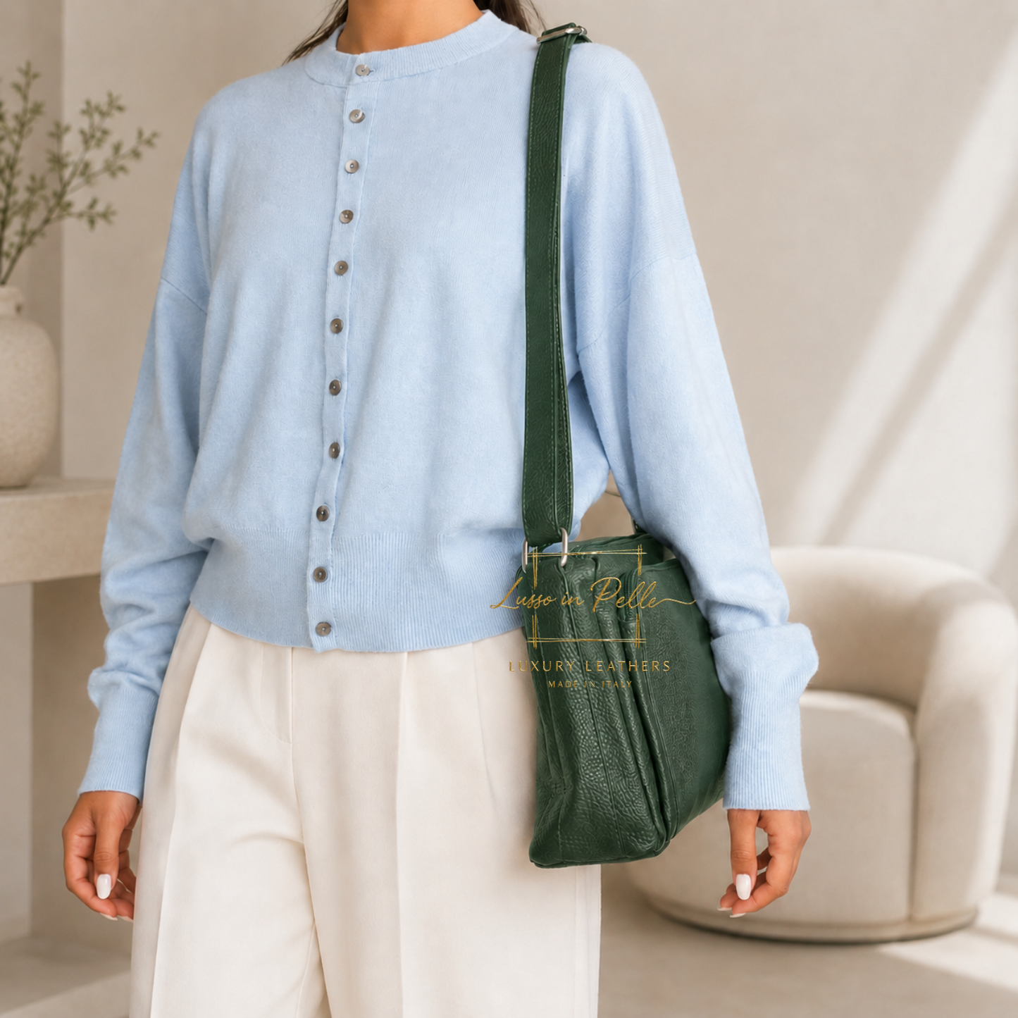 Italian Genuine Leather Multi Compartment Crossbody Bag with Front Zip Pocket