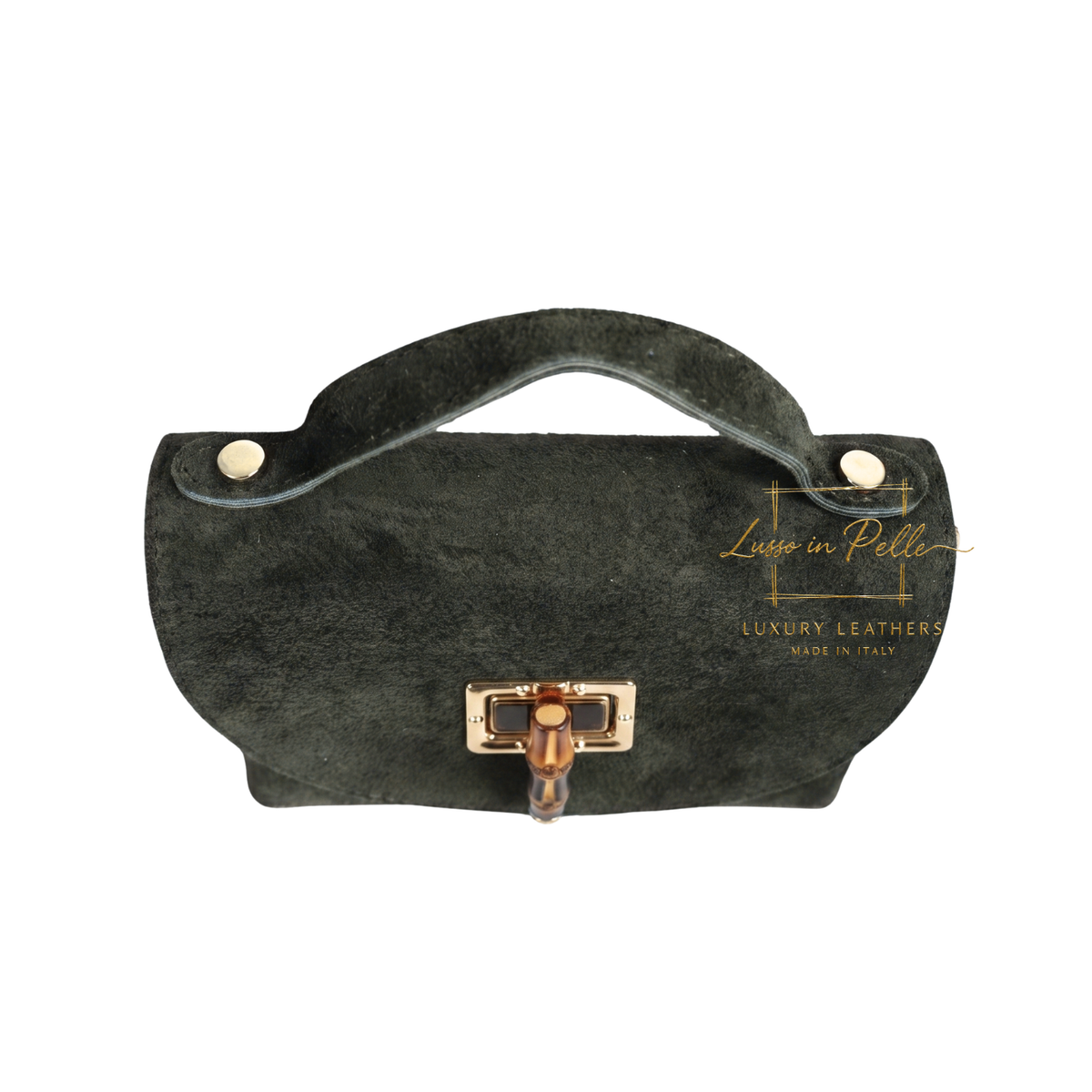 Genuine Suede Mini Top Handle Bag with Bamboo Twist Lock & Chain Strap