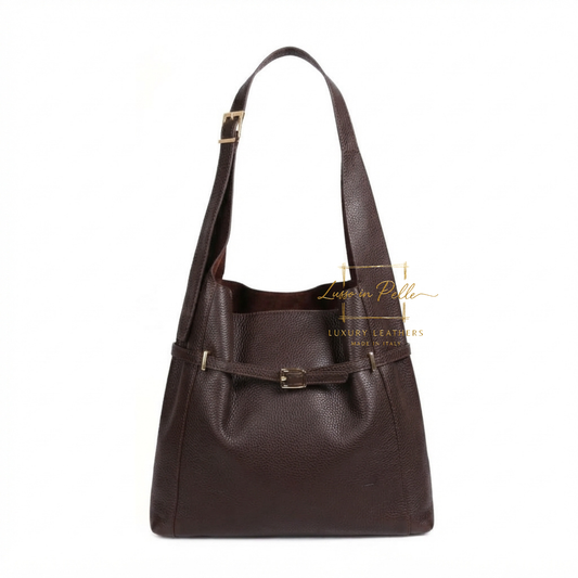 Elegant Genuine Leather Hobo Shoulder Bag with Front Buckle Detail