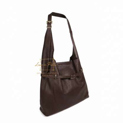 Elegant Genuine Leather Hobo Shoulder Bag with Front Buckle Detail