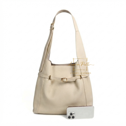 Elegant Genuine Leather Hobo Shoulder Bag with Front Buckle Detail