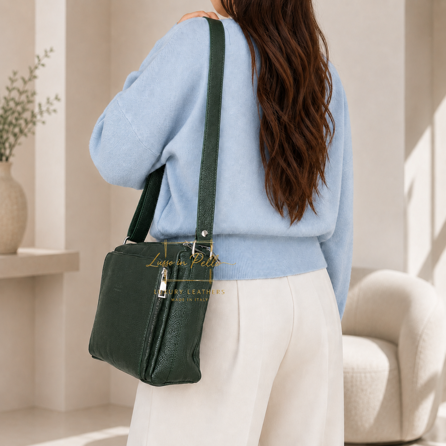 Italian Genuine Leather Multi Compartment Crossbody Bag with Front Zip Pocket