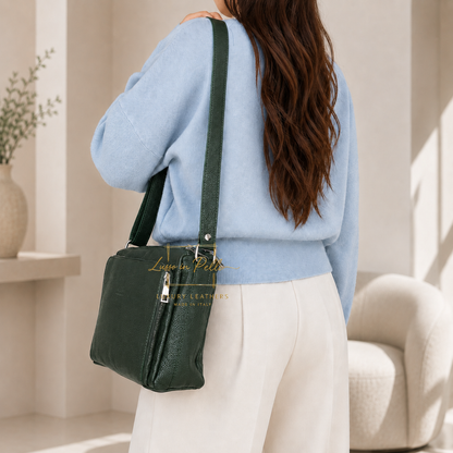 Italian Genuine Leather Multi Compartment Crossbody Bag with Front Zip Pocket