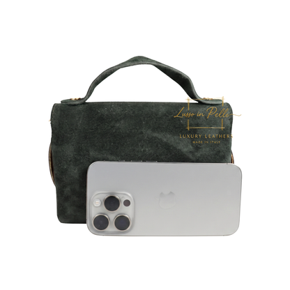Genuine Suede Mini Top Handle Bag with Bamboo Twist Lock & Chain Strap