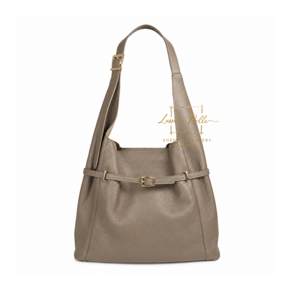 Elegant Genuine Leather Hobo Shoulder Bag with Front Buckle Detail