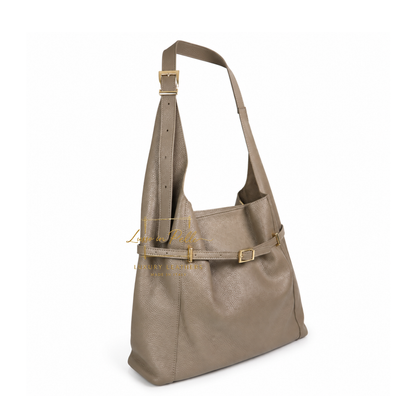 Elegant Genuine Leather Hobo Shoulder Bag with Front Buckle Detail