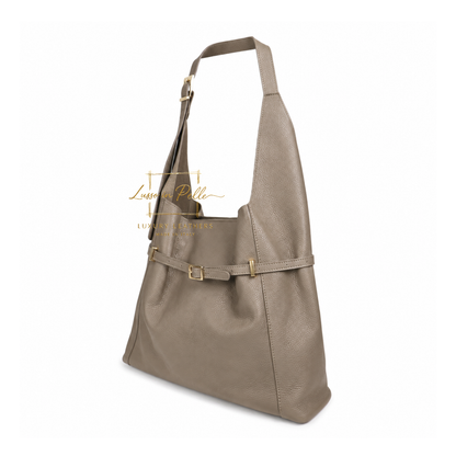 Elegant Genuine Leather Hobo Shoulder Bag with Front Buckle Detail