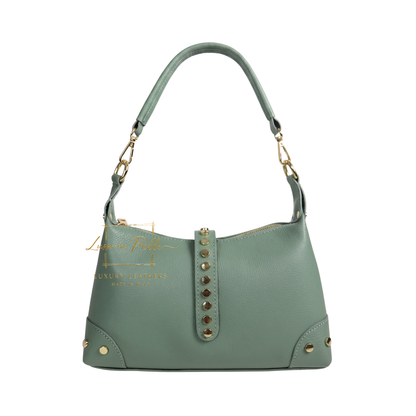 Genuine Leather Shoulder Bag with Stud Detail & Adjustable Detachable Strap