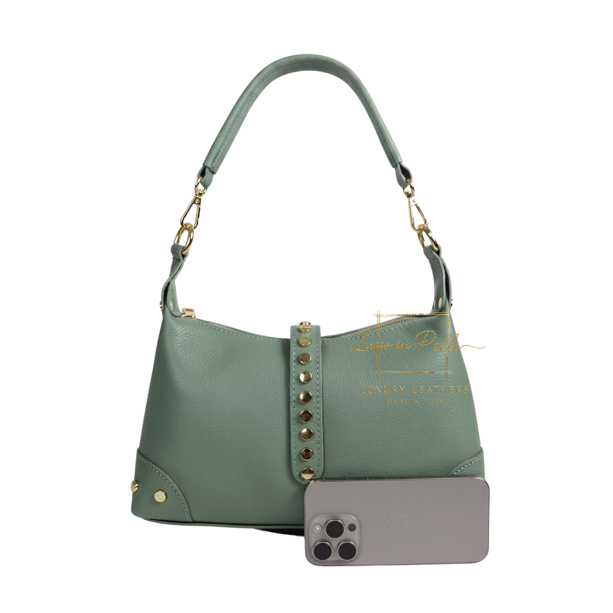 Genuine Leather Shoulder Bag with Stud Detail & Adjustable Detachable Strap