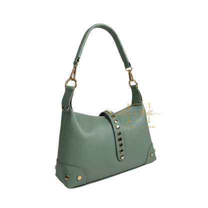 Genuine Leather Shoulder Bag with Stud Detail & Adjustable Detachable Strap