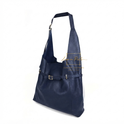 Elegant Genuine Leather Hobo Shoulder Bag with Front Buckle Detail