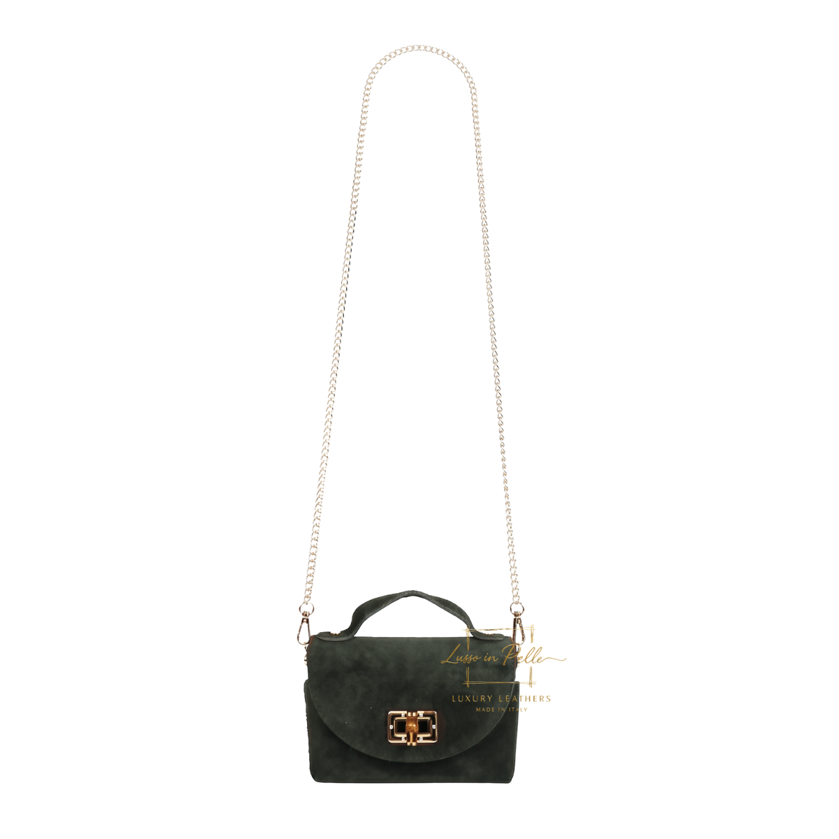 Genuine Suede Mini Top Handle Bag with Bamboo Twist Lock & Chain Strap